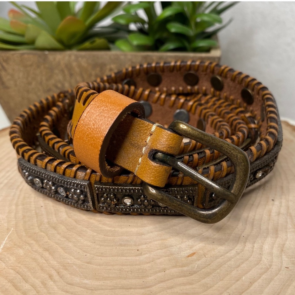 Western Distressed Brown Leather Belt Rhinestone Buckle Studded Boho Cottagecore